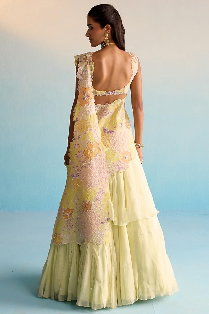 Yellow Soft Organza Cutdana & Sequins Work Drape Wedding Lehenga Set by House of Armuse at Pernia's Pop Up Shop