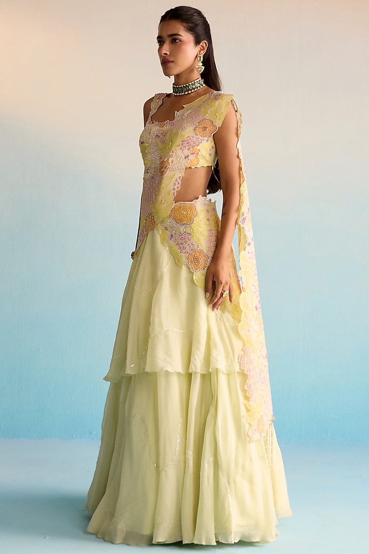 Yellow Soft Organza Cutdana & Sequins Work Drape Wedding Lehenga Set by House of Armuse at Pernia's Pop Up Shop