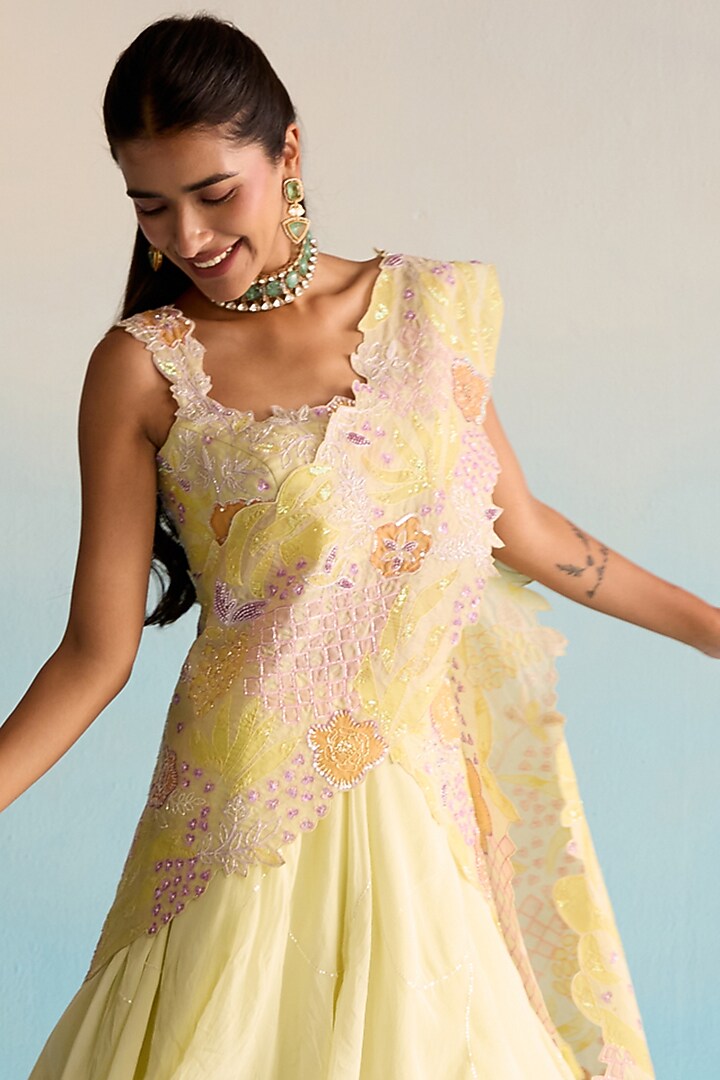 Yellow Soft Organza Cutdana & Sequins Work Drape Wedding Lehenga Set by House of Armuse at Pernia's Pop Up Shop