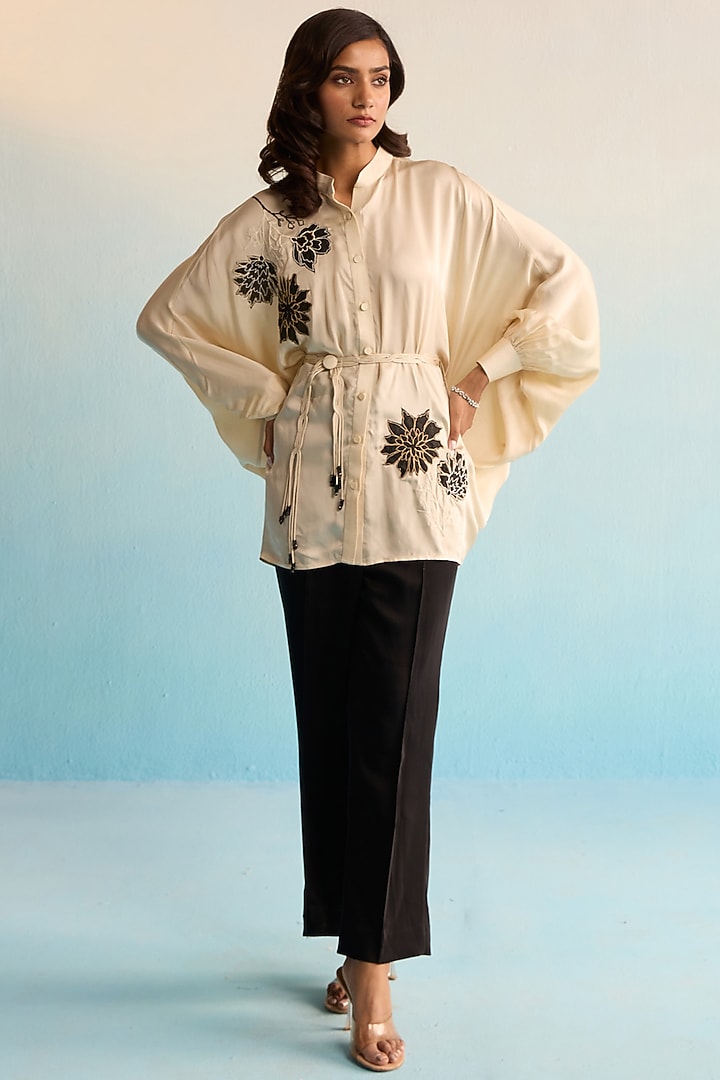 Beige & Black Silk Patchwork Co-Ord Set by House of Armuse at Pernia's Pop Up Shop