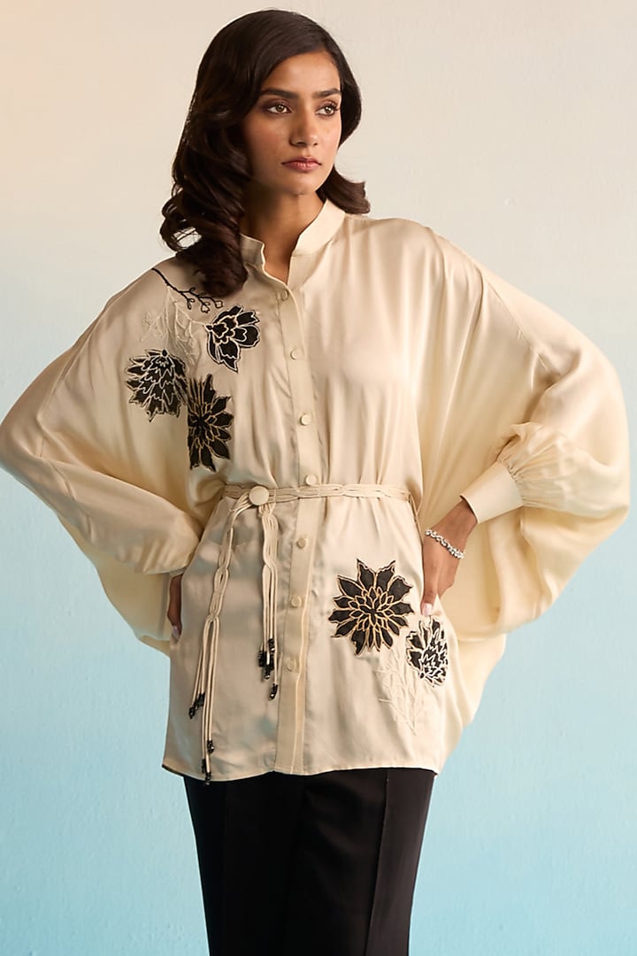 Beige & Black Silk Patchwork Co-Ord Set by House of Armuse at Pernia's Pop Up Shop