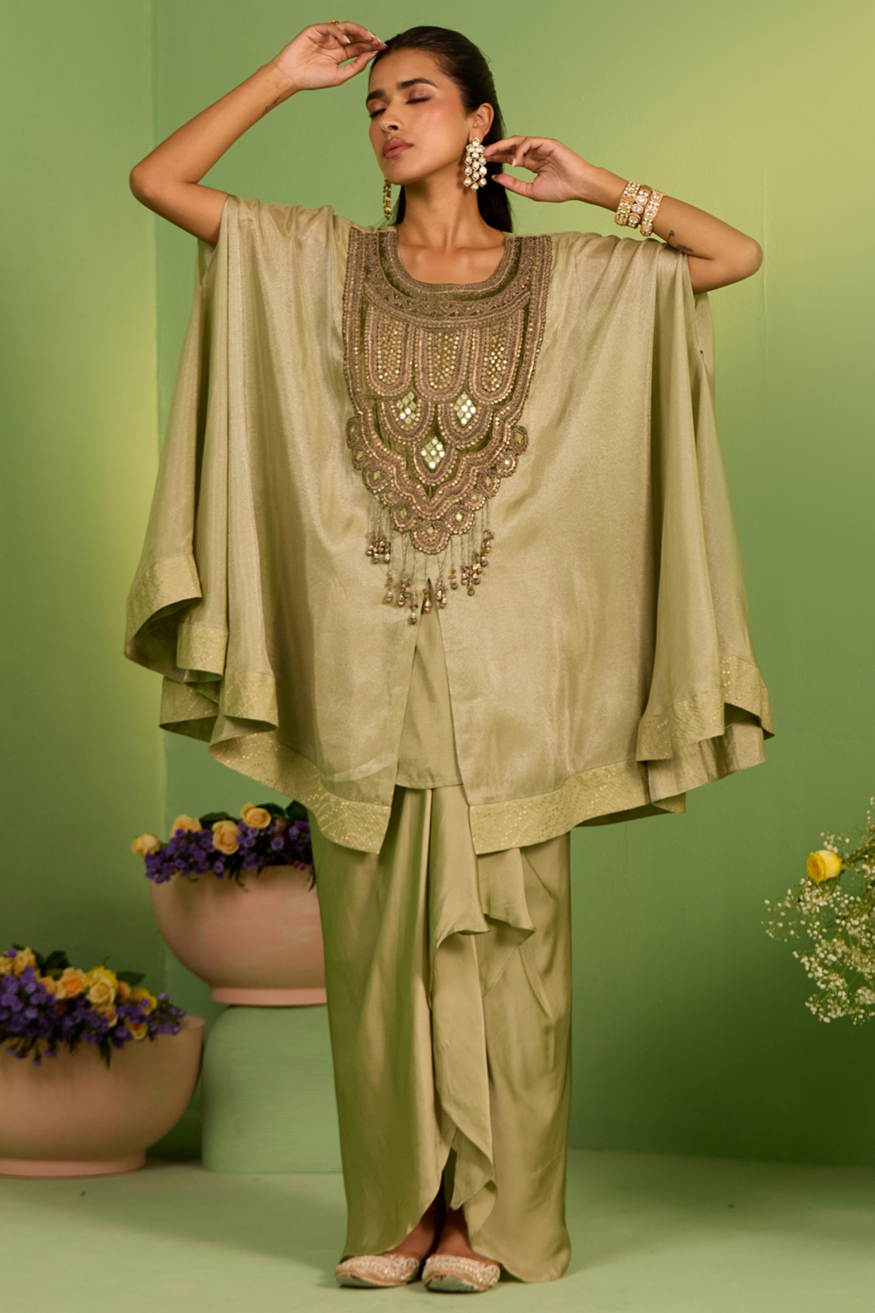 Green Tussar Silk Thread Work Kaftan Set by House of Armuse at Pernia's Pop Up Shop