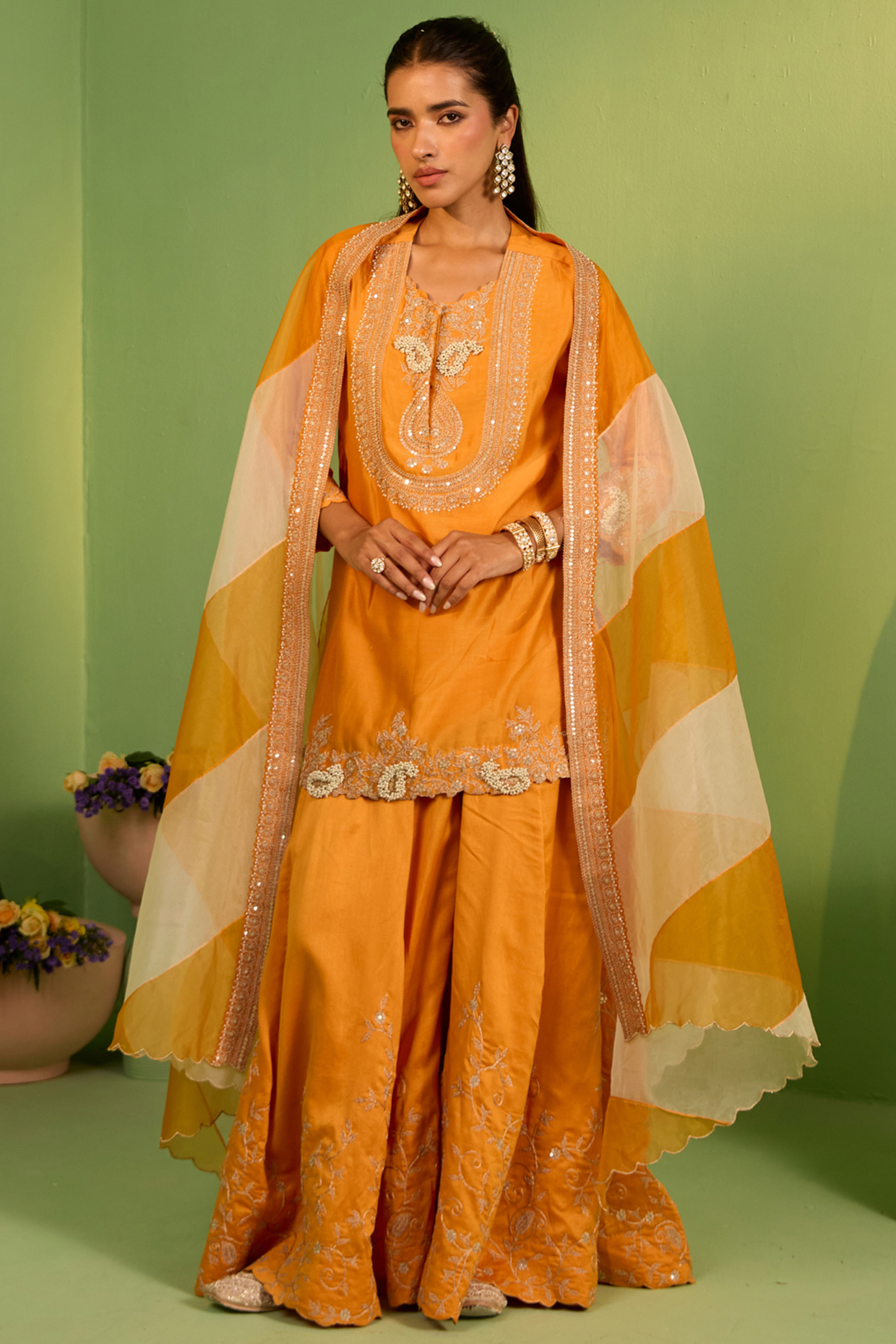 Orange Chanderi Silk Marodi Work Kurta Set by House of Armuse at Pernia's Pop Up Shop
