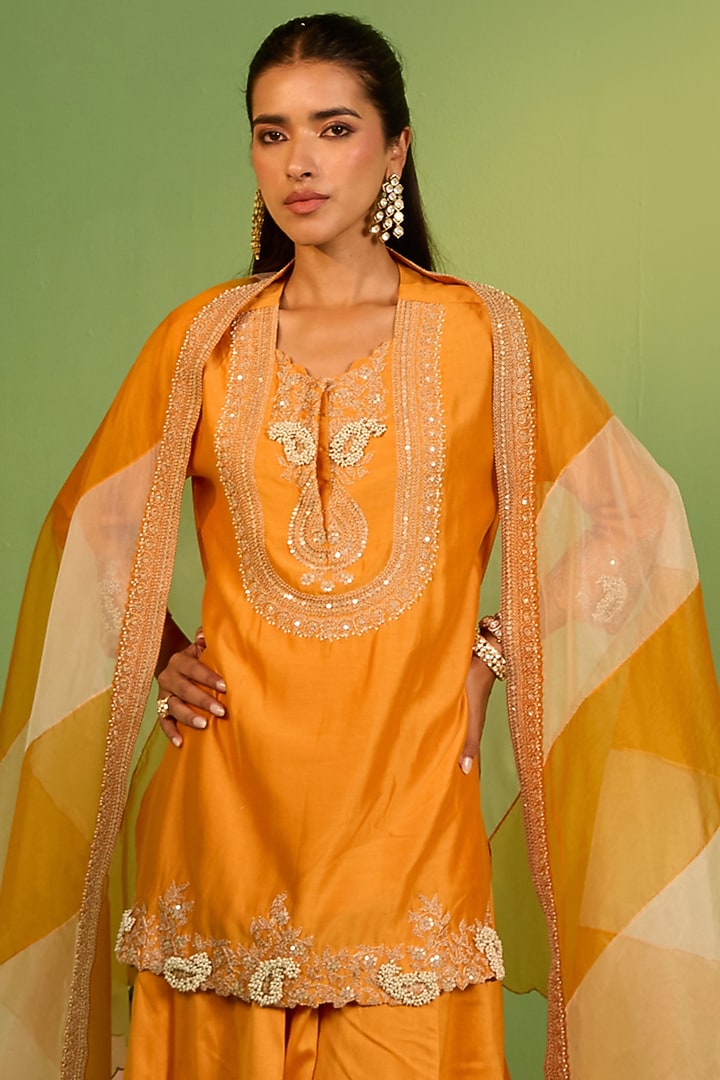 Orange Chanderi Silk Marodi Work Kurta Set by House of Armuse at Pernia's Pop Up Shop