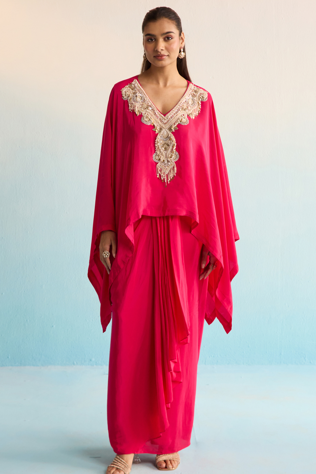 Hot Pink Crepe Thread & Bead Work Kaftan Set by House of Armuse at Pernia's Pop Up Shop