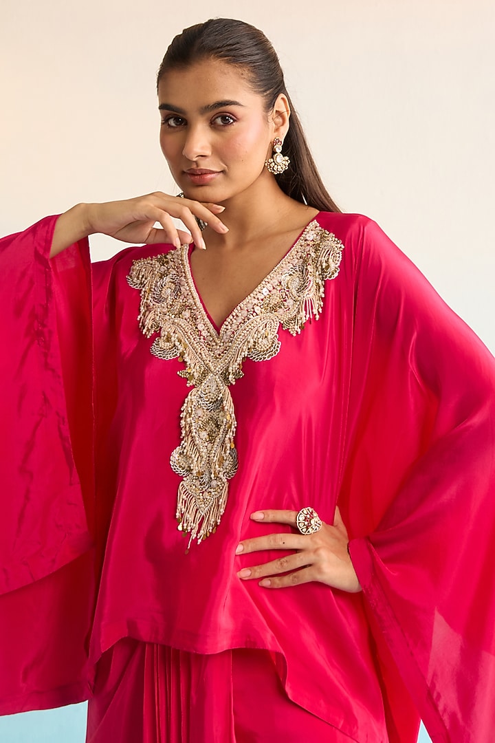 Hot Pink Crepe Thread & Bead Work Kaftan Set by House of Armuse at Pernia's Pop Up Shop