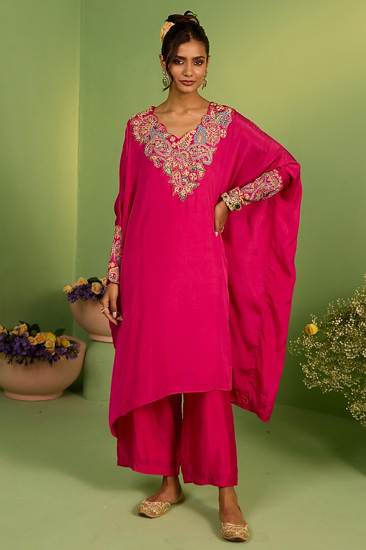 Hot Pink Crepe Cutdana & Pearl Work Kaftan Set by House of Armuse at Pernia's Pop Up Shop