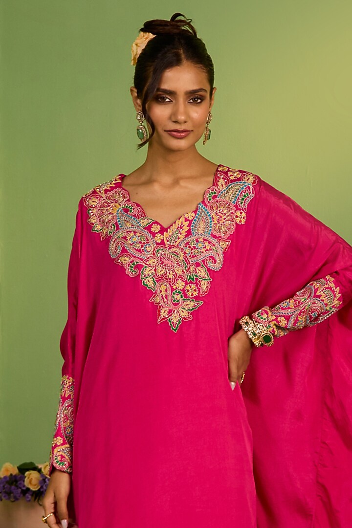 Hot Pink Crepe Cutdana & Pearl Work Kaftan Set by House of Armuse at Pernia's Pop Up Shop