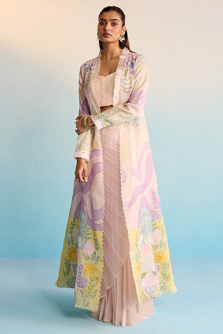 Blush Pink Sheer Organza Hand Painted Jacket Set by House of Armuse at Pernia's Pop Up Shop