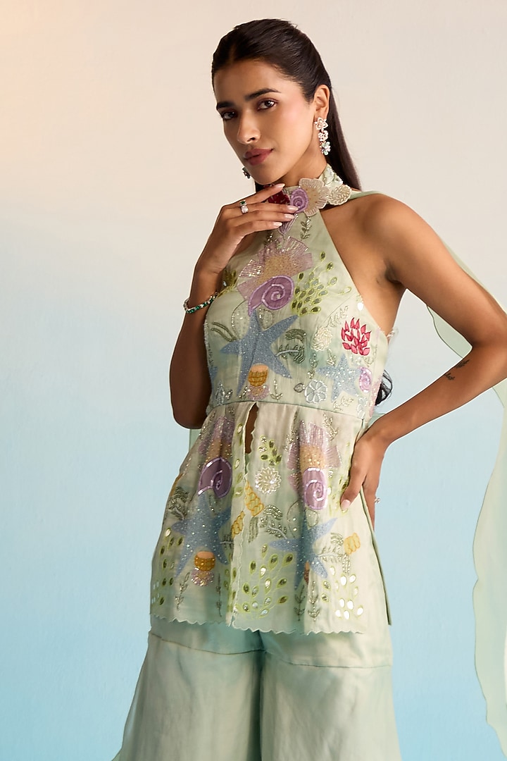 Mint Green Organza Hand Painted Kurta Set by House of Armuse at Pernia's Pop Up Shop