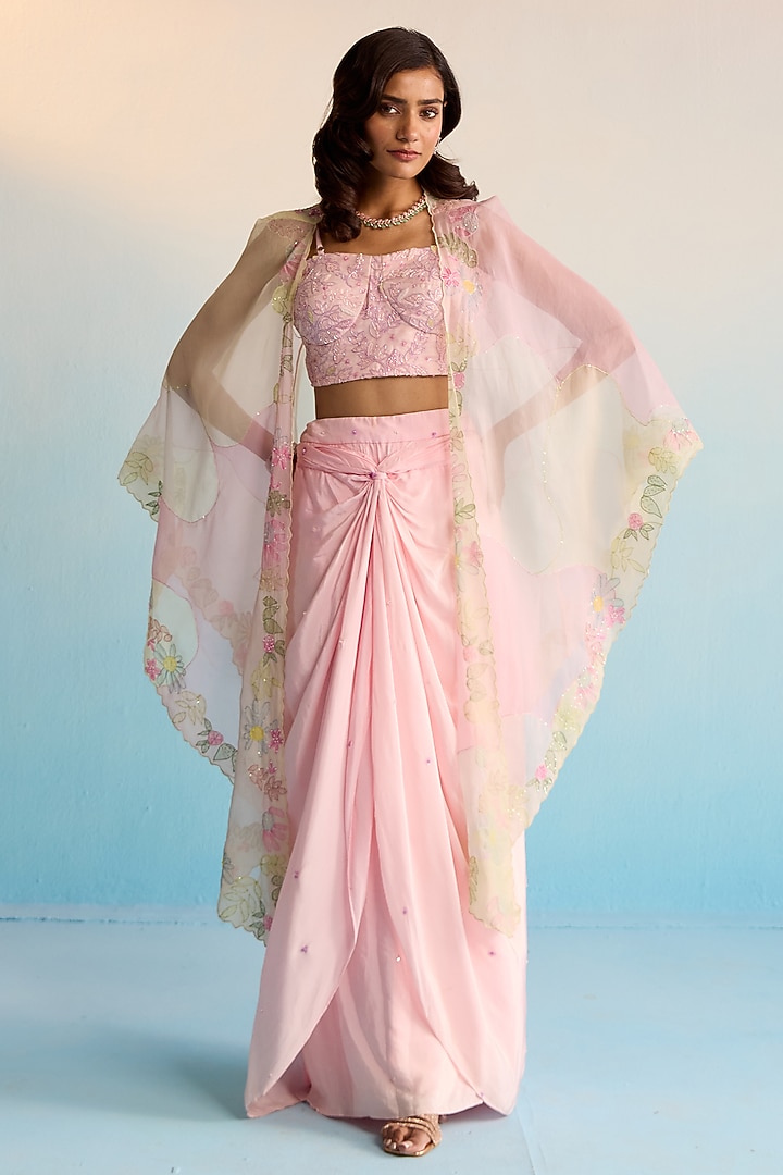 Blush Pink Sheer Organza Cutdana Work & Handpainted Cape Set by House of Armuse at Pernia's Pop Up Shop