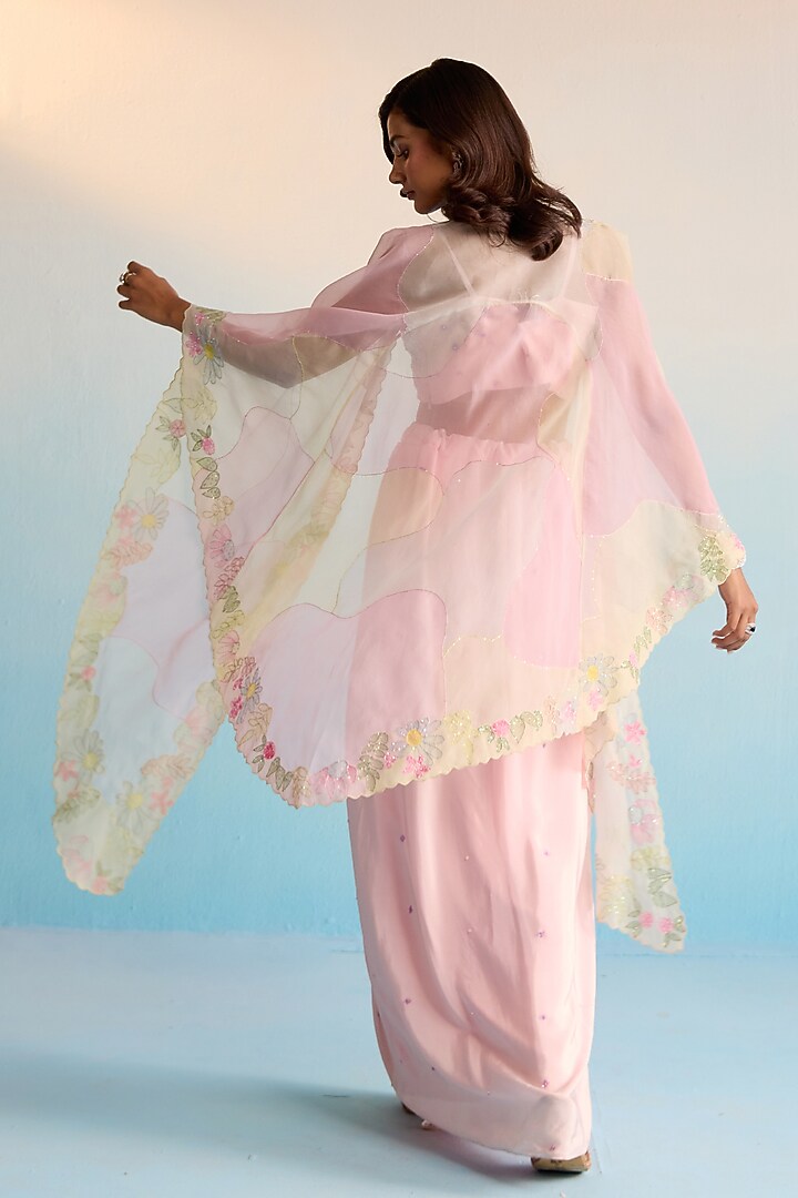 Blush Pink Sheer Organza Cutdana Work & Handpainted Cape Set by House of Armuse at Pernia's Pop Up Shop