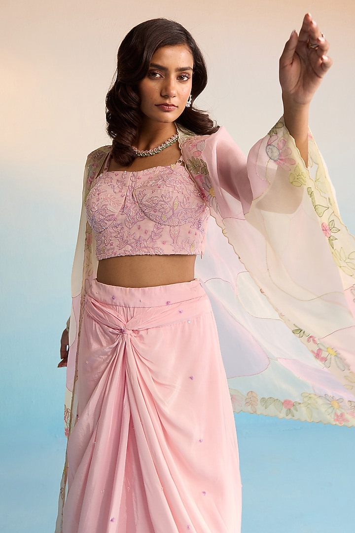 Blush Pink Sheer Organza Cutdana Work & Handpainted Cape Set by House of Armuse at Pernia's Pop Up Shop