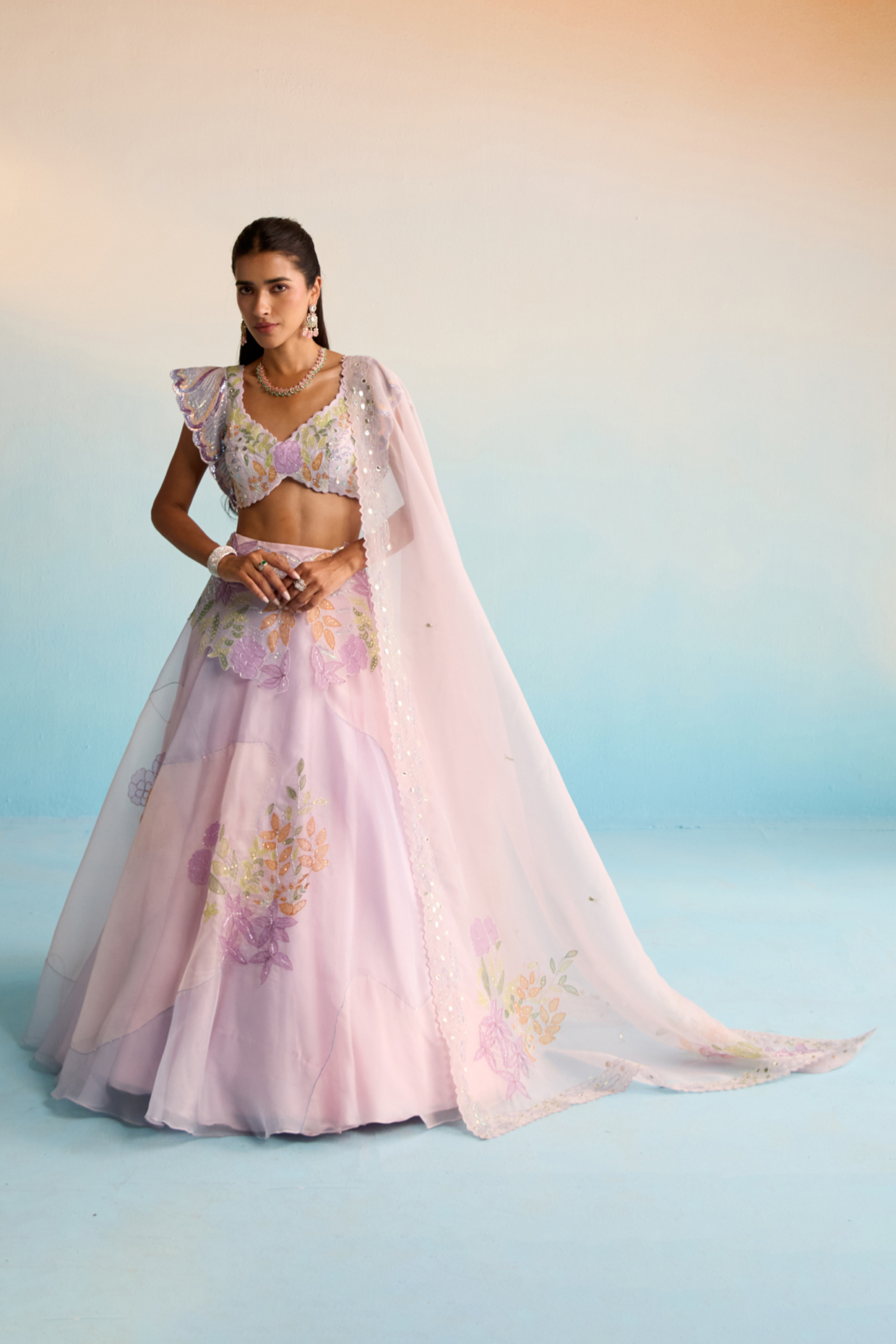 Lilac Organza Sequins Work & Handpainted Wedding Lehenga Set by House of Armuse at Pernia's Pop Up Shop