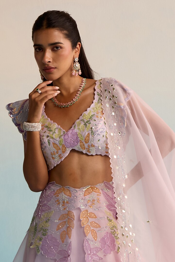Lilac Organza Sequins Work & Handpainted Wedding Lehenga Set by House of Armuse at Pernia's Pop Up Shop