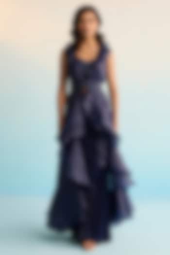 Navy Blue Shimmer Organza Sequins & Cutdana Work Jacket Set by House of Armuse at Pernia's Pop Up Shop