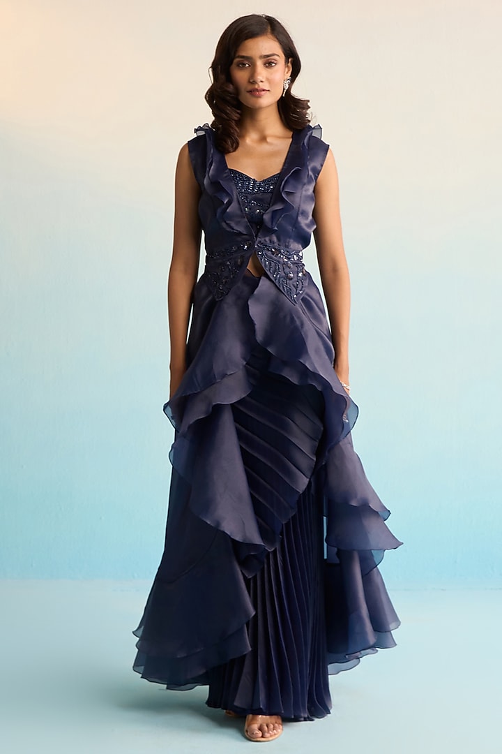 Navy Blue Shimmer Organza Sequins & Cutdana Work Jacket Set by House of Armuse at Pernia's Pop Up Shop