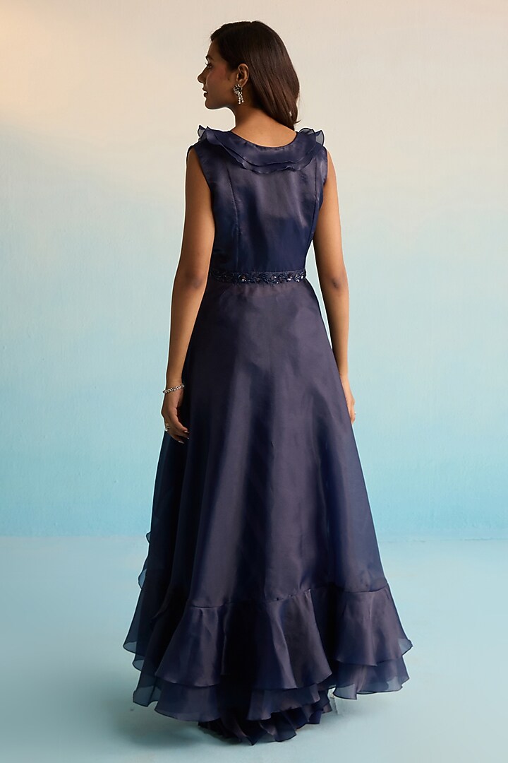 Navy Blue Shimmer Organza Sequins & Cutdana Work Jacket Set by House of Armuse at Pernia's Pop Up Shop