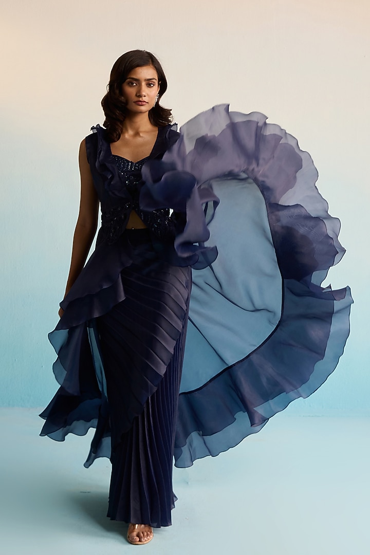 Navy Blue Shimmer Organza Sequins & Cutdana Work Jacket Set by House of Armuse at Pernia's Pop Up Shop