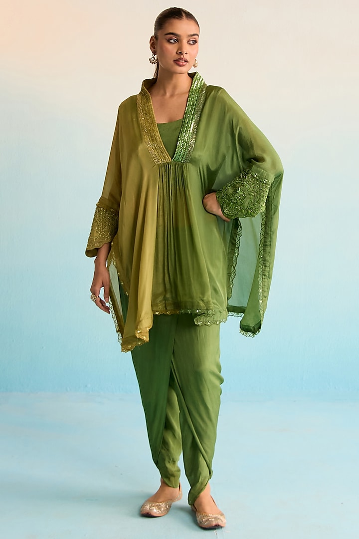 Green Rayon Crush Cutdana & Beadwork Cape Set by House of Armuse at Pernia's Pop Up Shop