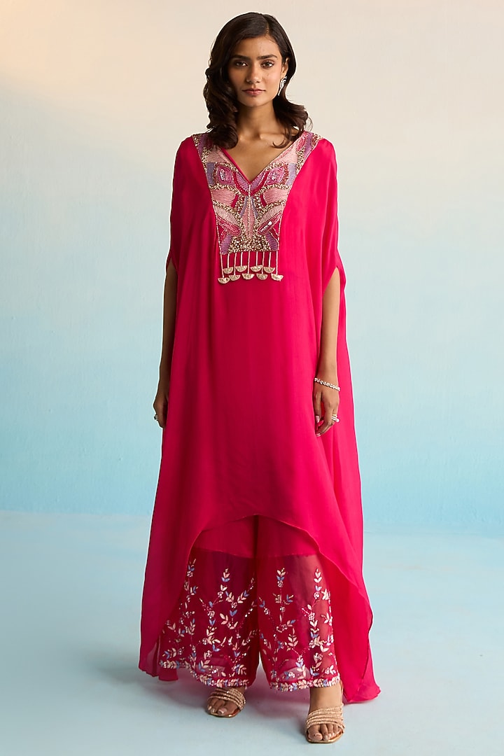 Hot Pink Rayon Crush Thread Embroidered Kaftan Set by House of Armuse at Pernia's Pop Up Shop