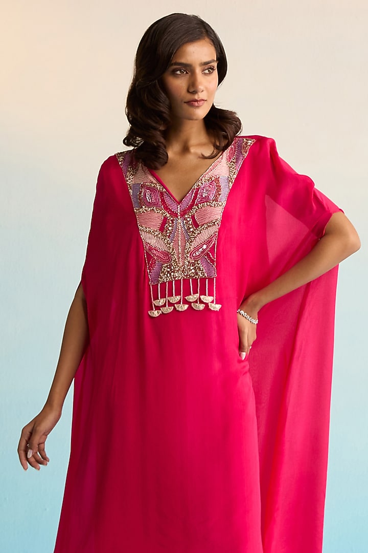 Hot Pink Rayon Crush Thread Embroidered Kaftan Set by House of Armuse at Pernia's Pop Up Shop