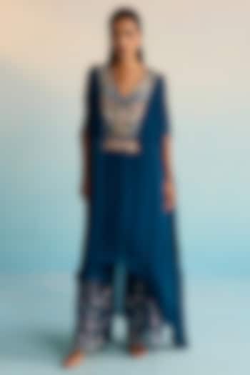 Navy Blue Rayon Crush Thread Embroidered Kaftan Set by House of Armuse at Pernia's Pop Up Shop