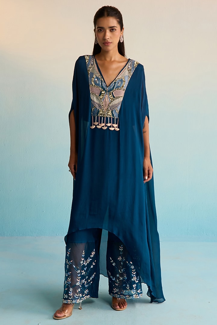 Navy Blue Rayon Crush Thread Embroidered Kaftan Set by House of Armuse at Pernia's Pop Up Shop