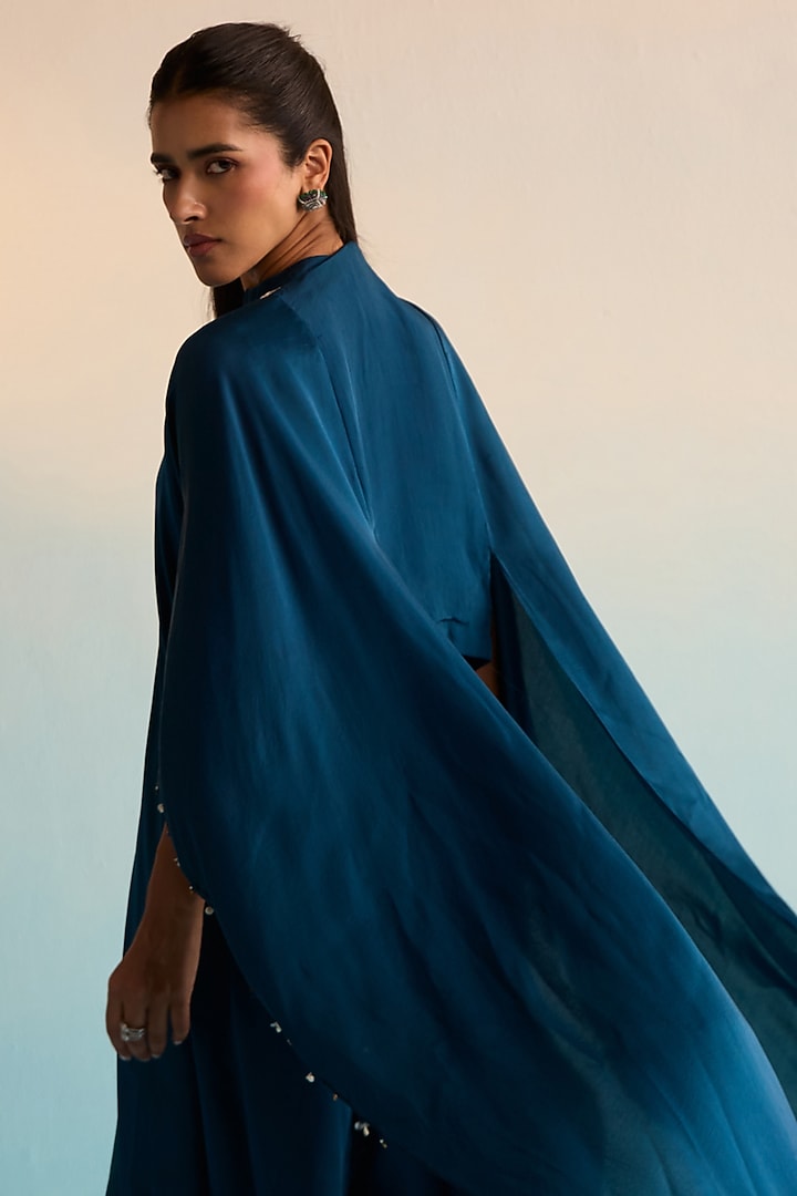 Navy Blue Rayon Crush Thread Embroidered Kaftan Set by House of Armuse at Pernia's Pop Up Shop
