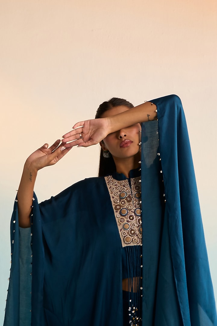 Navy Blue Rayon Crush Thread Embroidered Kaftan Set by House of Armuse at Pernia's Pop Up Shop