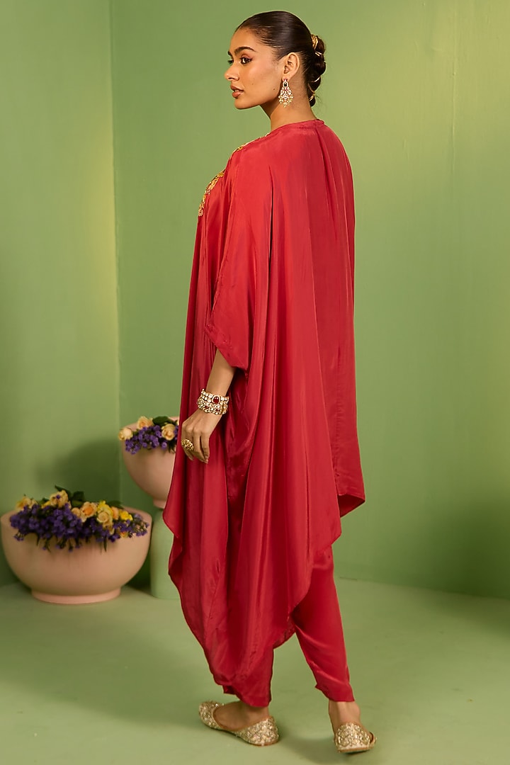 Rust Red Crepe Cutdana & Pearl Embellished Kaftan Set by House of Armuse at Pernia's Pop Up Shop