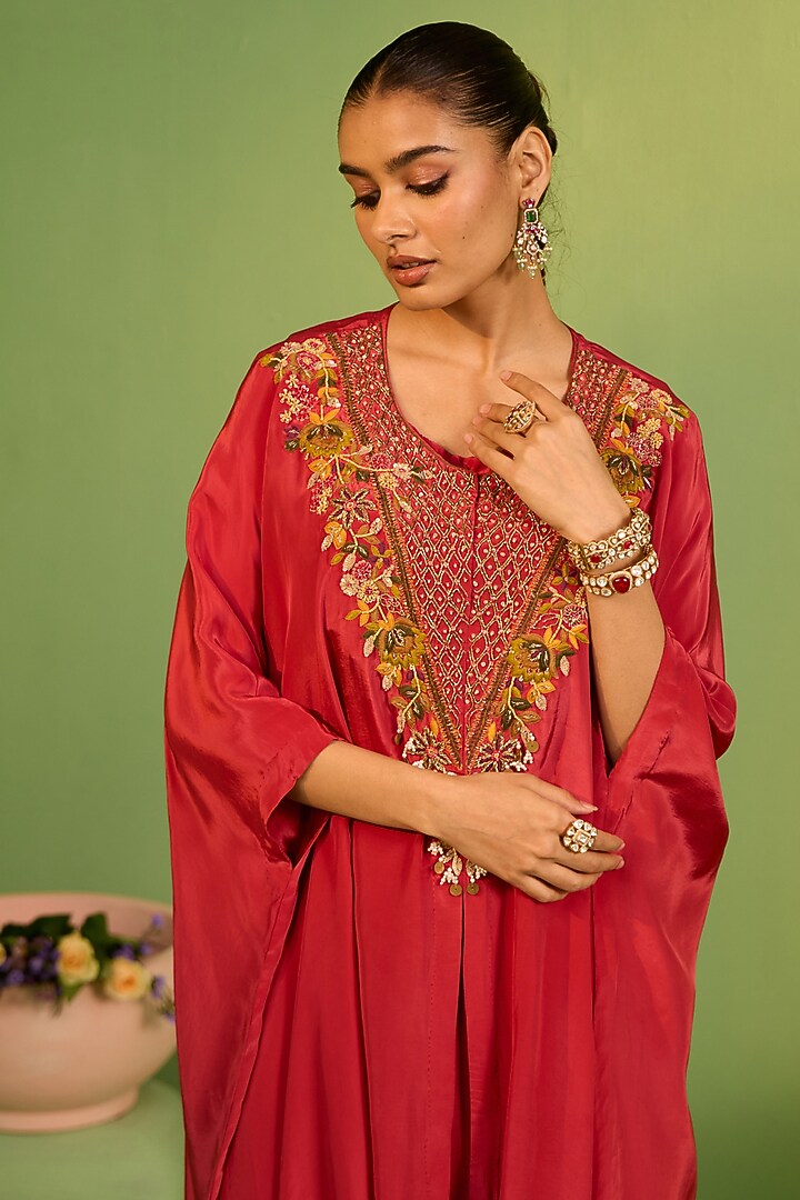 Rust Red Crepe Cutdana & Pearl Embellished Kaftan Set by House of Armuse at Pernia's Pop Up Shop