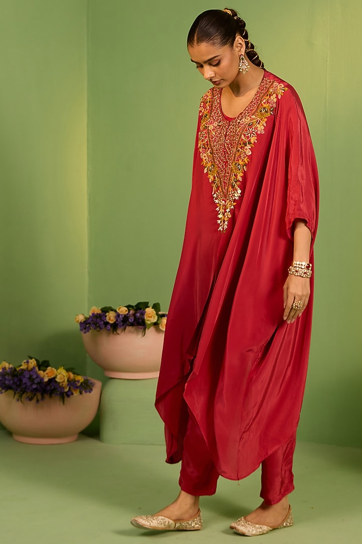 Rust Red Crepe Cutdana & Pearl Embellished Kaftan Set by House of Armuse at Pernia's Pop Up Shop