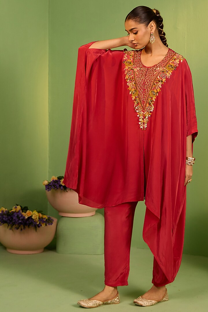Rust Red Crepe Cutdana & Pearl Embellished Kaftan Set by House of Armuse at Pernia's Pop Up Shop