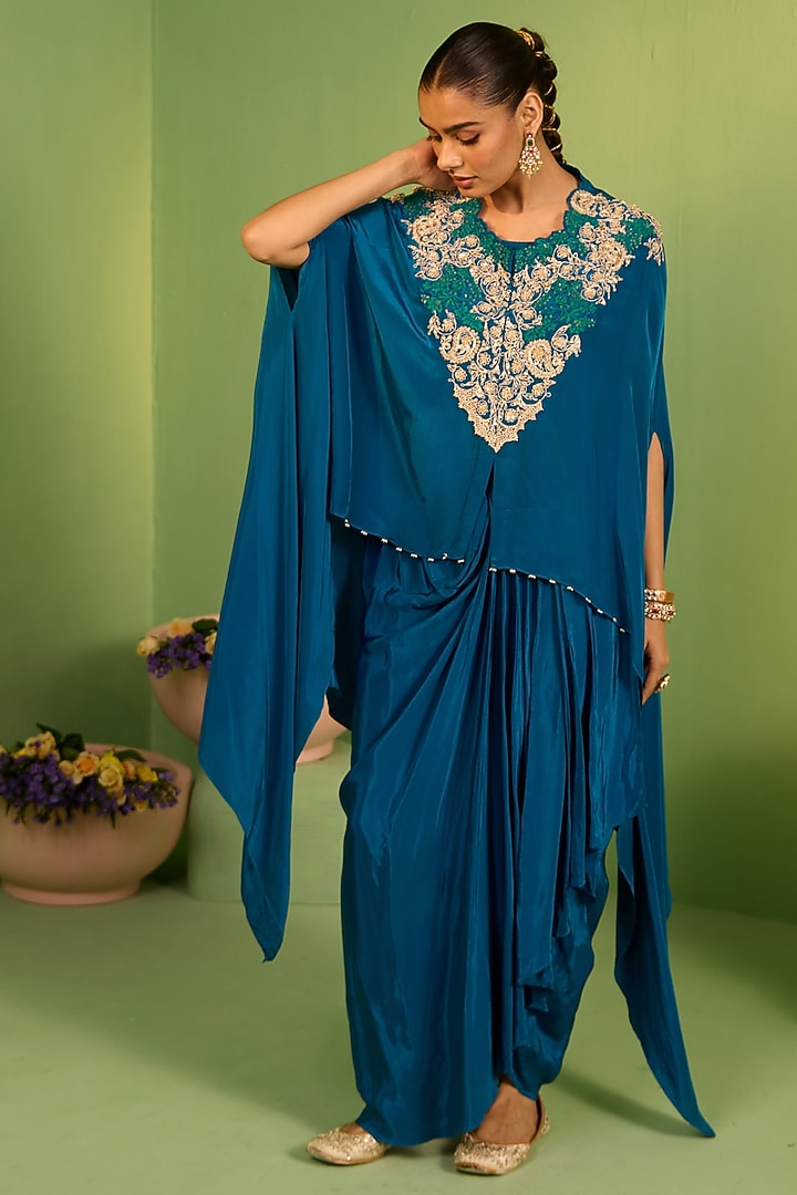 Blue Crepe Sequins & Marodi Work Kaftan Set by House of Armuse at Pernia's Pop Up Shop