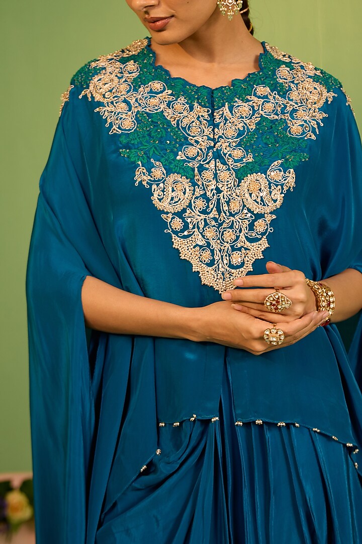 Blue Crepe Sequins & Marodi Work Kaftan Set by House of Armuse at Pernia's Pop Up Shop