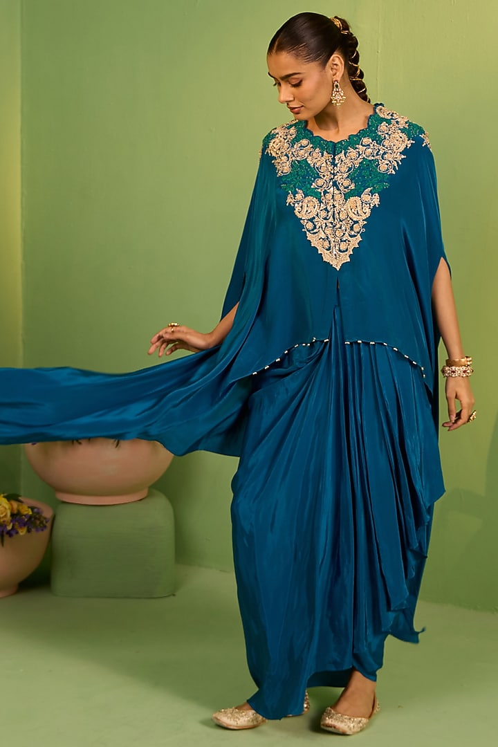 Blue Crepe Sequins & Marodi Work Kaftan Set by House of Armuse at Pernia's Pop Up Shop