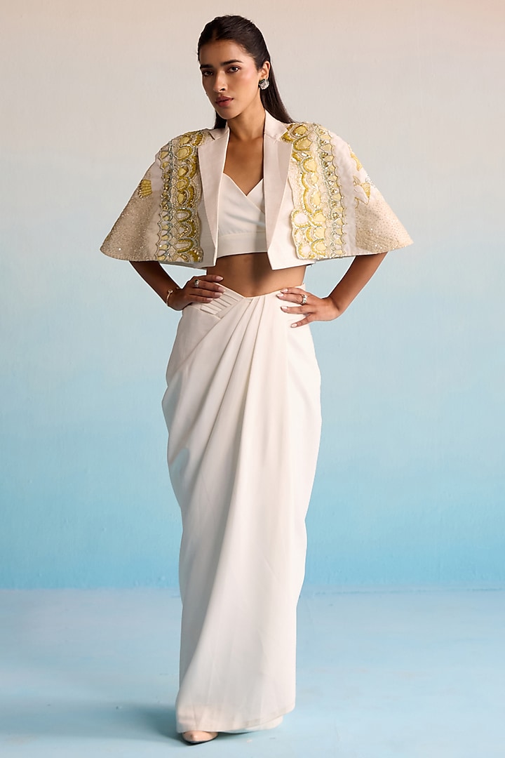 Ivory Neoprene Sequins & Cutdana Work Jacket Set by House of Armuse at Pernia's Pop Up Shop