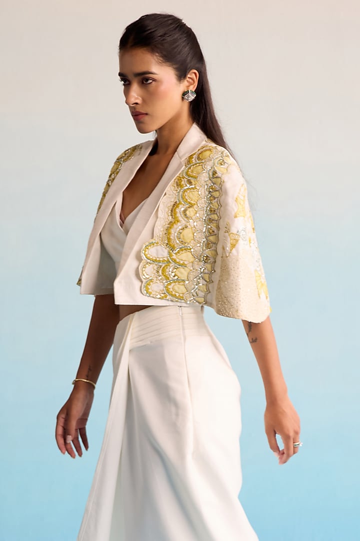 Ivory Neoprene Sequins & Cutdana Work Jacket Set by House of Armuse at Pernia's Pop Up Shop