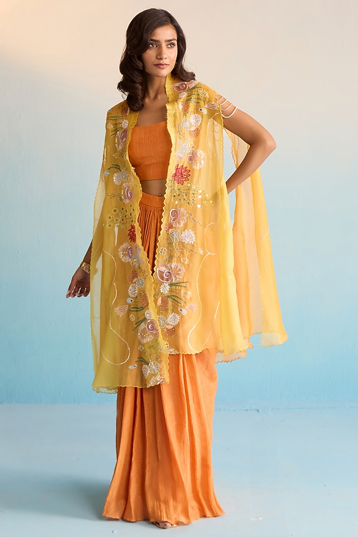 Mustard Organza Cutdana Work & Handpainted Cape Set by House of Armuse at Pernia's Pop Up Shop
