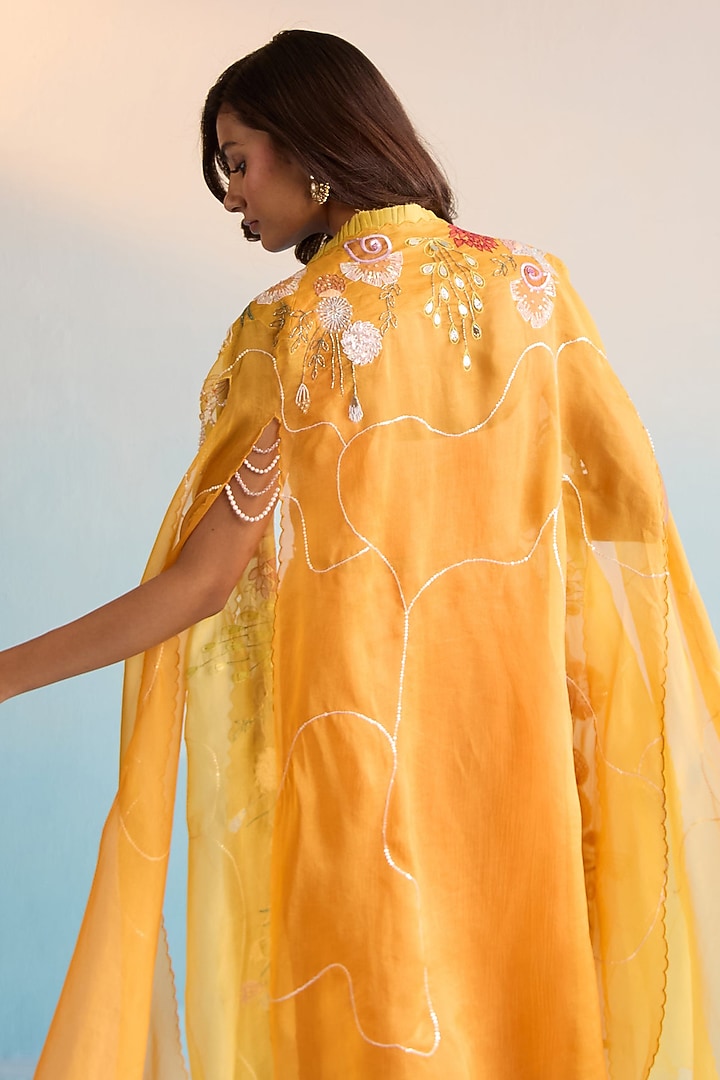 Mustard Organza Cutdana Work & Handpainted Cape Set by House of Armuse at Pernia's Pop Up Shop