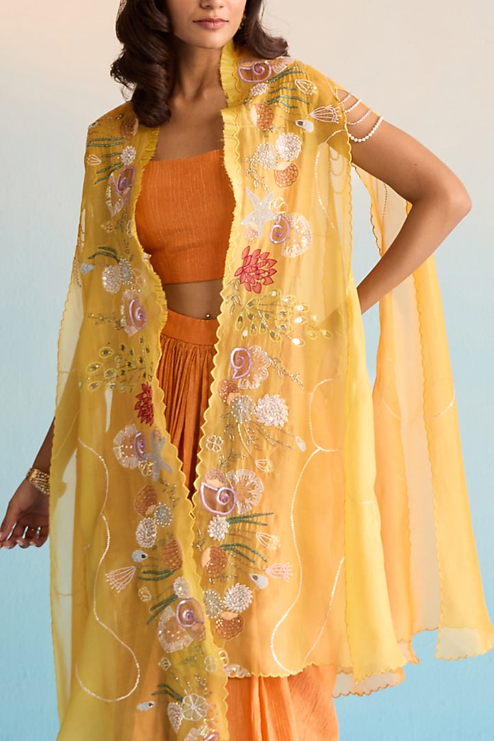 Mustard Organza Cutdana Work & Handpainted Cape Set by House of Armuse at Pernia's Pop Up Shop