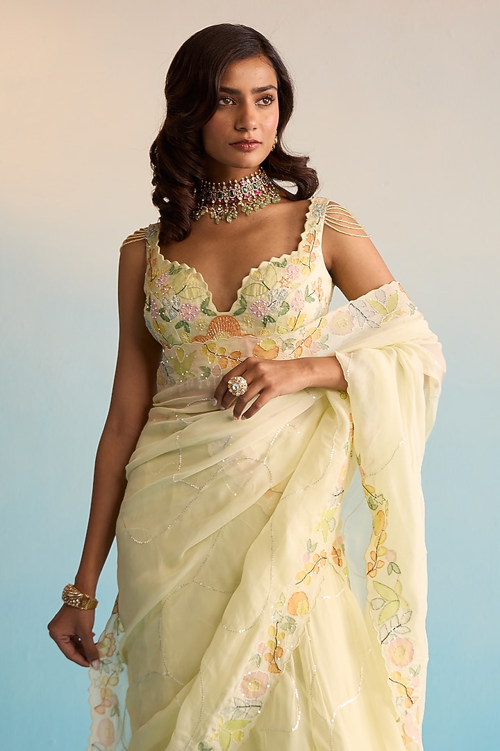 Lemon Yellow Soft Organza Cutdana Work & Hand Painted Wedding Lehenga Set by House of Armuse at Pernia's Pop Up Shop