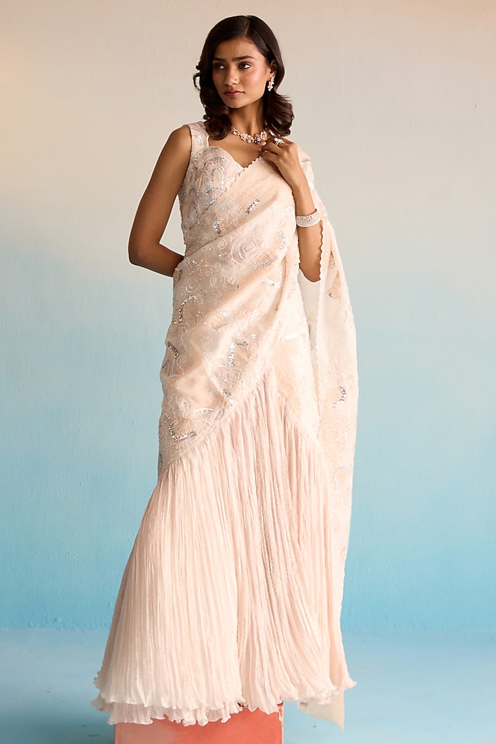 Blush Pink Organza & Silk Cutdana Work Pre-Draped Reception Saree Set by House of Armuse at Pernia's Pop Up Shop