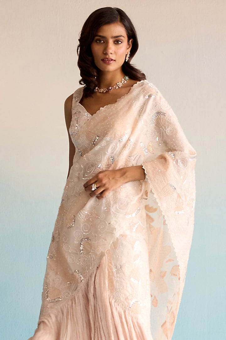 Blush Pink Organza & Silk Cutdana Work Pre-Draped Reception Saree Set by House of Armuse at Pernia's Pop Up Shop