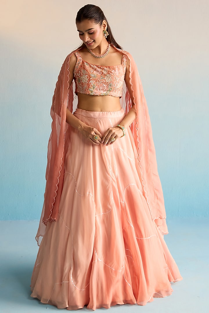 Burnt Orange & Peach Soft Organza  dulhan bday 22 may Lehenga Set by House of Armuse at Pernia's Pop Up Shop