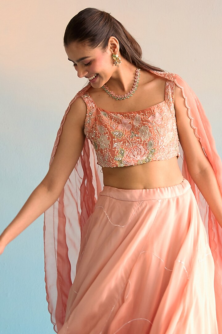 Burnt Orange & Peach Soft Organza Wedding Lehenga Set by House of Armuse at Pernia's Pop Up Shop
