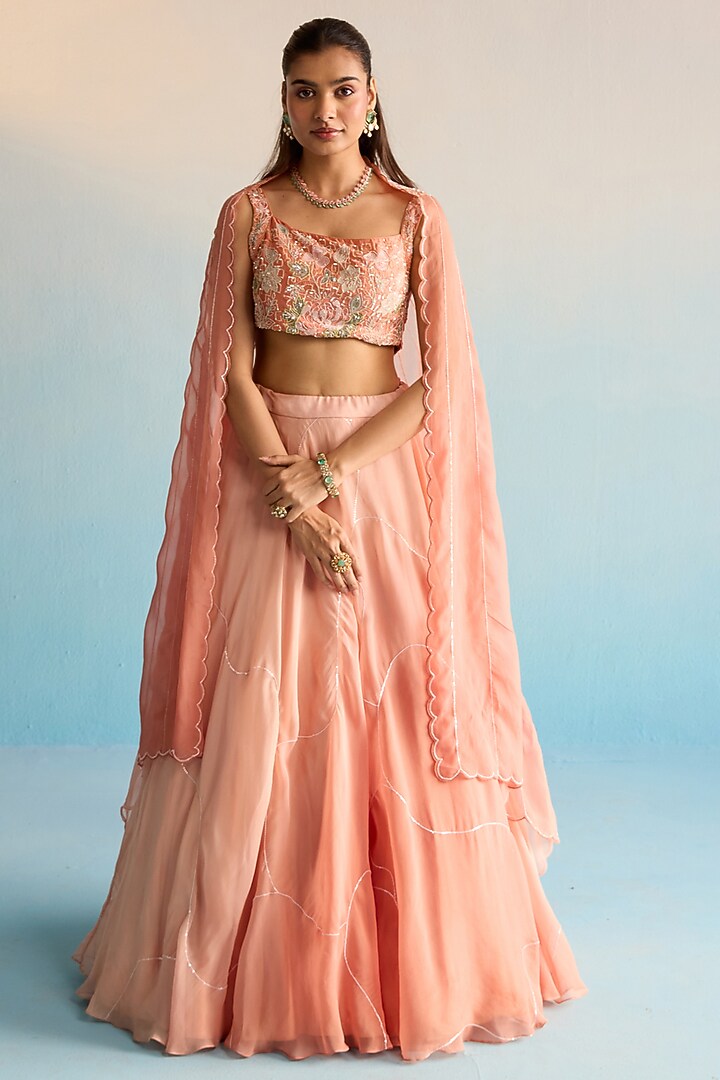 Burnt Orange & Peach Soft Organza Wedding Lehenga Set by House of Armuse at Pernia's Pop Up Shop