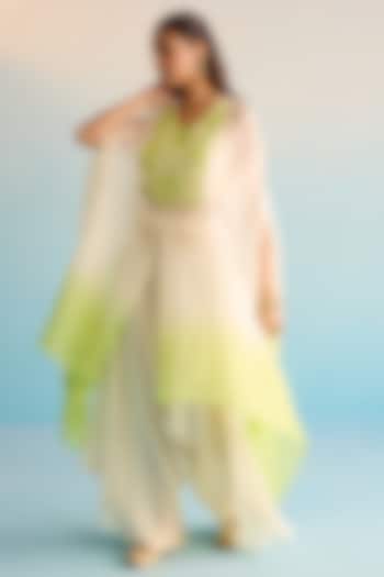 White & Green Crepe Bead Embroidered Kaftan Set by House of Armuse at Pernia's Pop Up Shop