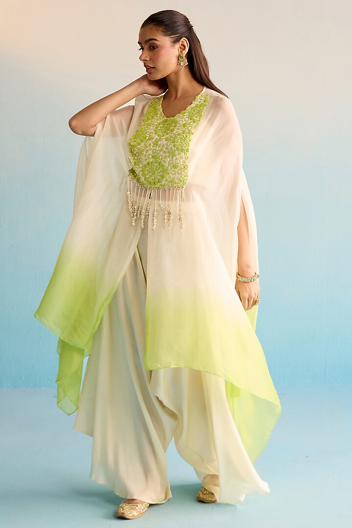 White & Green Crepe Bead Embroidered Kaftan Set by House of Armuse at Pernia's Pop Up Shop